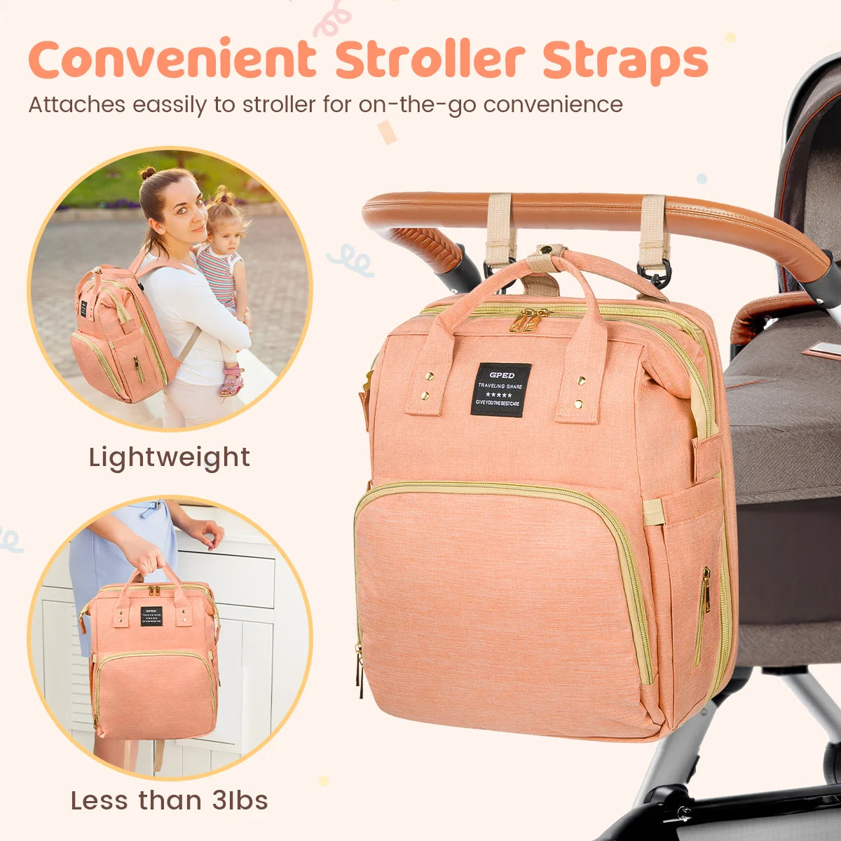DreamyDays Multifunction Baby Diaper Backpack (with Changing Station,Foldable Crib/ USB Charging Port&Stroller Strap)