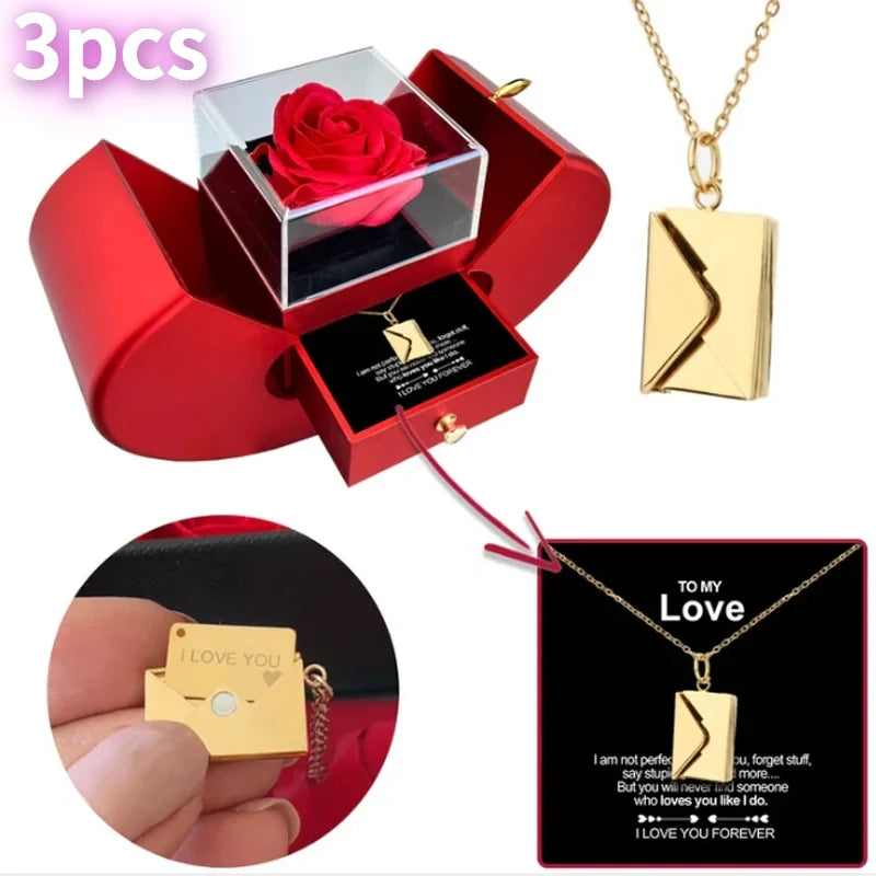 The Everlasting Love Red Apple (with Love Message Card) Jewelry Box Necklace Everlasting Love Rose for Valentine's Day Soulmate