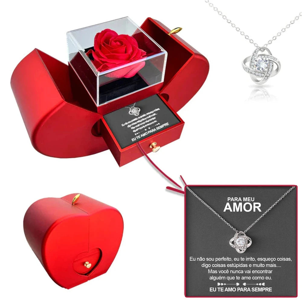 The Everlasting Love Red Apple (SPANISH LOVE MESSAGE CARD) Jewelry Box Necklace Everlasting Love Rose for Valentine's Day Soulmate