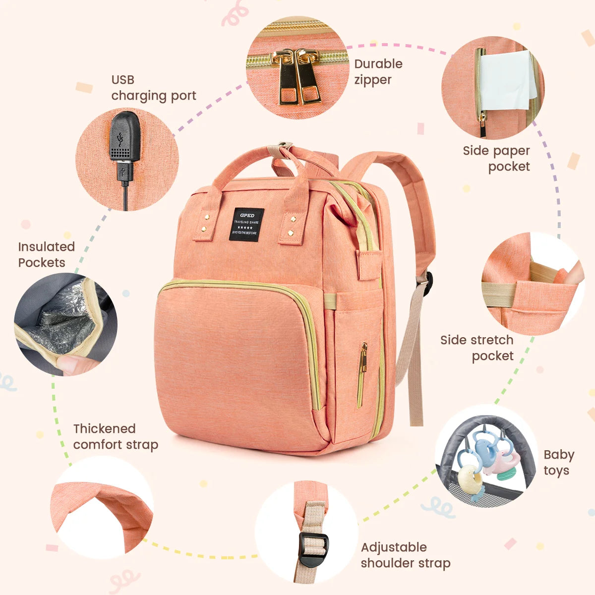 DreamyDays Multifunction Baby Diaper Backpack (with Changing Station,Foldable Crib/ USB Charging Port&Stroller Strap)