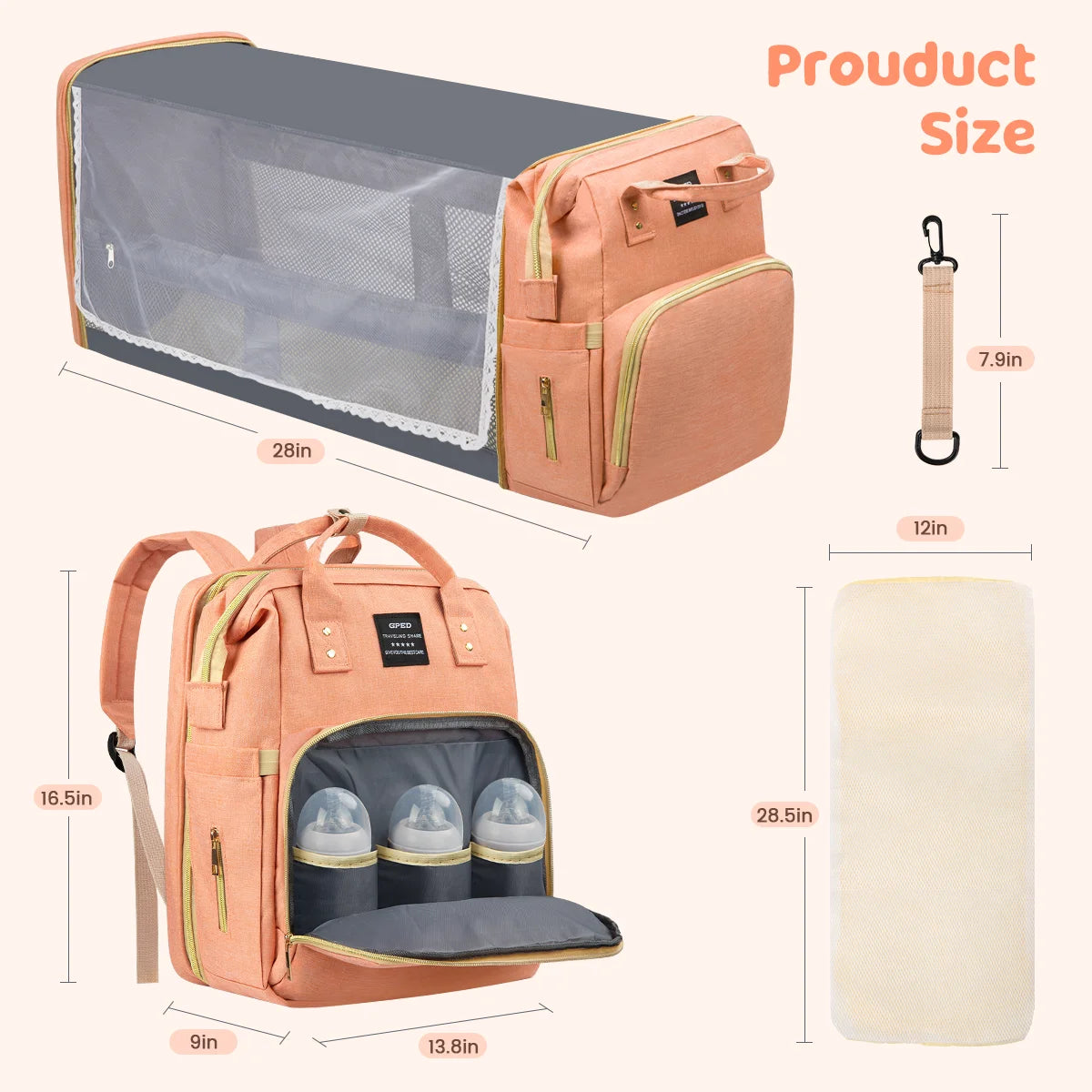 DreamyDays Multifunction Baby Diaper Backpack (with Changing Station,Foldable Crib/ USB Charging Port&Stroller Strap)