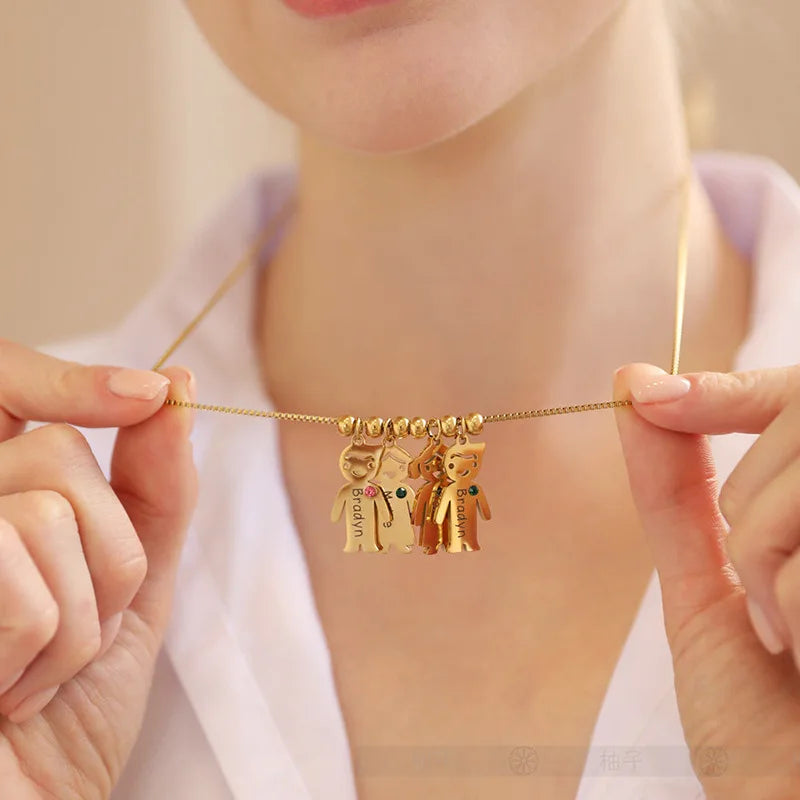 Cute Custom Kids Name Necklace Personalized Letters Engraved Boy Girl Kid Pendant Chain with Birthstones Mom Gift