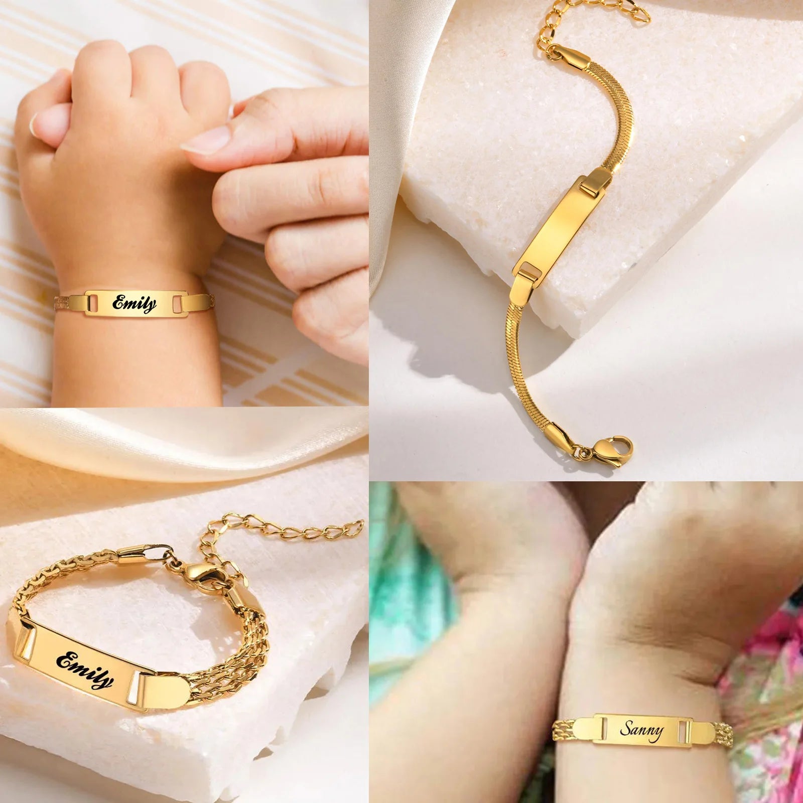 Personalized Baby Bracelet,Stainless Steel Engraved Name Date for Newborn Kids 